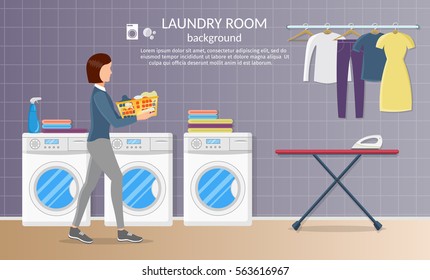 Laundry room interior vector illustration for background with iron, washer machine, powder and clothes.