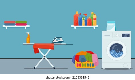 Laundry room interior with washing machine, ironer, iron, clothes and cleaning products. EPS 10