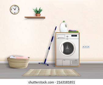 Laundry Room Interior with Washing Machine, realistic vector illustration
