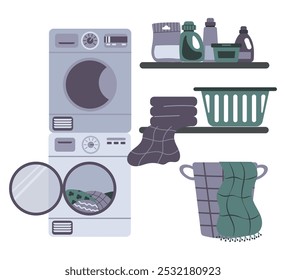 Lavanderia interior com máquina de lavar, secador, prateleira com produtos químicos domésticos, pó de lavagem e cesta. Ilustração vetorial em estilo plano