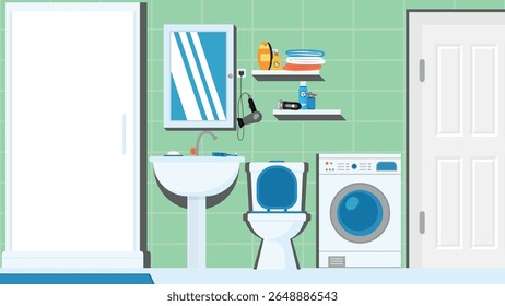 Lavadero interior con lavadora y aseo. Ilustración vectorial de diseño plano.