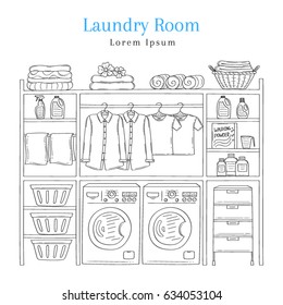 Laundry room interior with washing machine, detergent, laundry basket, folded clothes and clothes hanging on hangers, vector illustration, hand drawn sketch style.