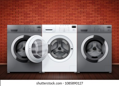 Laundry room interior with washing machines on red brick wall background. The concept of modern equipment for home laundry and household appliances. Vector Illustration