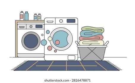 Laundry room interior with washing machines and a basket of folded clean clothes placed on a patterned rug in a bright room.