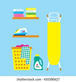  Laundry room with iron, ironing board, towels, facilities for washing, basket. Flat style vector illustration.