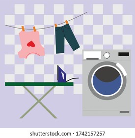 Laundry room. Ironing Board with iron, washing machine. Vector illustration.