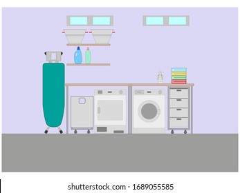 laundry room and ironing board on lilac background