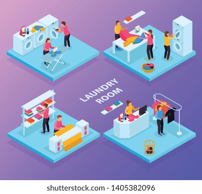 Laundry room isometric 4x1 set with different laundry service rooms text wash linen and human characters vector illustration