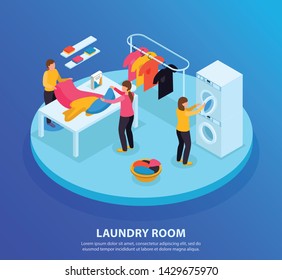 Laundry room isometric background with editable text and circle platform with human characters and wash linen vector illustration