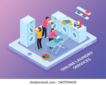 Laundry room isometric composition with conceptual image of tablet and laundry equipment with people on touchscreen vector illustration