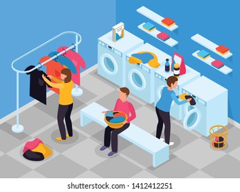 Laundry room isometric composition with indoor view of laundry room with washing machines detergents and people vector illustration