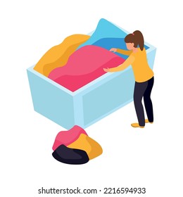 Laundry room isometric icon with female worker sorting linen 3d vector illustration