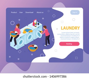 Laundry room isometric landing page website design with washing machines people editable text and clickable links vector illustration