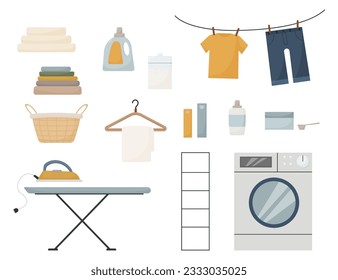 laundry room items and supplies, washing machine, iron, clothes, ironing board, basket, bottles, washing powder, hanger, vector illustration 