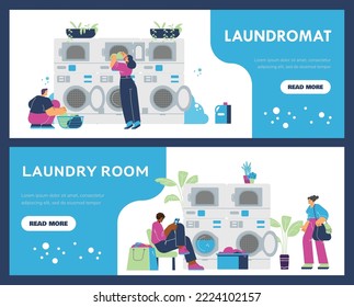 Laundry room and laundromat service flyers or posters templates collection. Banners bundle for commercial laundry service, flat cartoon vector illustration.