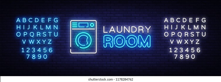 Laundry Room Neon Logo Vector. Dry Cleaning Neon Sign, Design Template, Modern Trend Design, Night Neon Signboard, Night Bright Advertising, Light Banner, Light Art. Vector. Editing Text Neon Sign