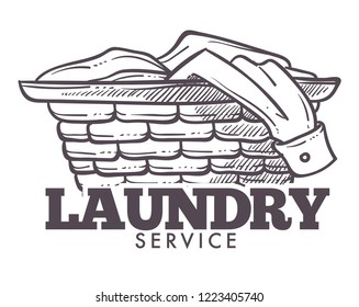 Laundry room open daily everyday public service vector. Monochrome sketch outline of basket filled with clothes and towels need to be washed. Domestic household chores, laundromat tasks