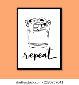 Laundry room repeat vector. For prints on the frame, posters, cards. Hand drawn black laundry basket on white background.
