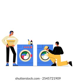 Laundry Room Scene With Male And Female Characters Using Washing Machines In Flat Vector Illustration Symbolizing Teamwork And Household Chores, Isolated On White Background.