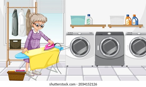 Laundry Room Scene With An Old Woman Ironing Her Clothes Illustration