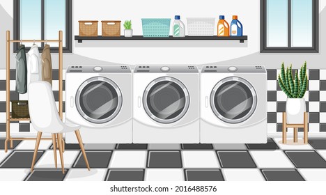Laundry room scene with washing machine and clothes hanger illustration