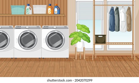 Escenario de lavandería con lavadora e ilustración del colgador de ropa