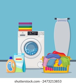 Laundry room service concept. Working washing machine with linen baskets, detergent, ironing board and towels. Cleaning service concept