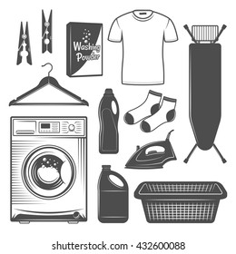 Laundry room or laundry service set of vector icons, silhouettes, design elements in black and white style. Washing machine, ironing board, electric iron, clothes basket, bleach liquid.