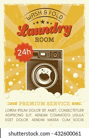 Laundry room or service vector poster in retro style with washing machine, foam, bubbles, and grunge textures