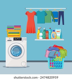 Laundry room service. washing machine with linen baskets and detergent. Vector illustration in flat style