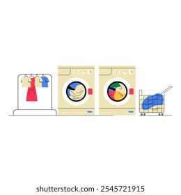 Laundry Room Setup With Washing Machines And Clothes Rack In Flat Vector Illustration Symbolizing Laundry Organization And Cleanliness, Isolated On White Background