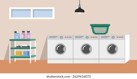 Laundry room. Laundry store. Washing machine. Detergent. Soap shelf.