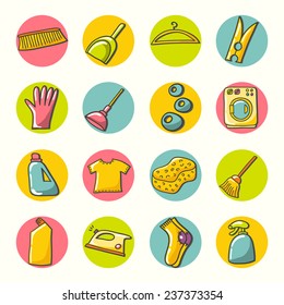 Laundry room symbols and icons. Hand drawn illustration.