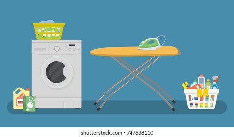 Laundry room. There is a washing machine, yellow ironing board, green iron, a basket with linens in the picture. There is also a basket with detergents here. Vector illustration.