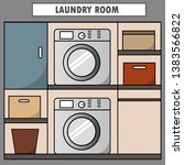 Laundry room with two washing machines, box, basket, and locker in front view.Cartoon version.Flat style