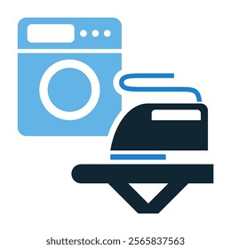 Laundry Room Vector Icon, Modern Design with Washing Machine, clothes Iron, and Ironing Board for Home Cleaning, Interior Design, Real Estate, Chore Illustrations, and Household Organization