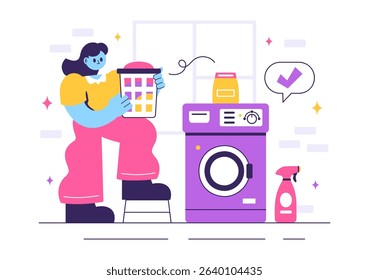 Laundry Room Vector Illustration Featuring Washing and Drying Machines, with a Basket Filled with Dirty Clothes in a Flat Style Cartoon Background