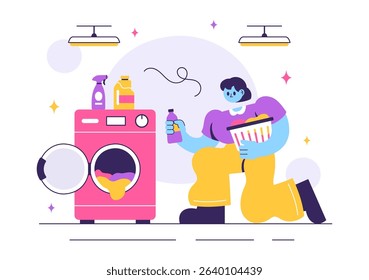 Laundry Room Vector Illustration Featuring Washing and Drying Machines, with a Basket Filled with Dirty Clothes in a Flat Style Cartoon Background