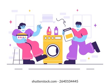 Laundry Room Vector Illustration Featuring Washing and Drying Machines, with a Basket Filled with Dirty Clothes in a Flat Style Cartoon Background