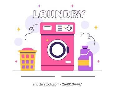 Laundry Room Vector Illustration Featuring Washing and Drying Machines, with a Basket Filled with Dirty Clothes in a Flat Style Cartoon Background