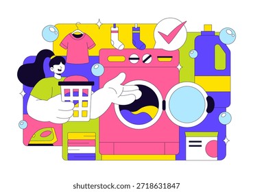 Ilustración vectorial de la sala de lavandería con lavadoras y secadoras, cesta llena de ropa sucia en un fondo de dibujos animados de estilo plano
