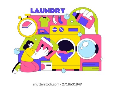 Laundry Room Vector Illustration Featuring Washing And Drying Machines, Basket Filled Dirty Clothes in a Flat Style Cartoon Background
