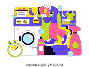 Ilustración vectorial de la sala de lavandería con lavadoras y secadoras, cesta llena de ropa sucia en un fondo de dibujos animados de estilo plano