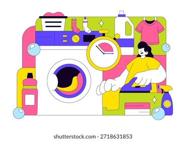 Ilustración vectorial de la sala de lavandería con lavadoras y secadoras, cesta llena de ropa sucia en un fondo de dibujos animados de estilo plano