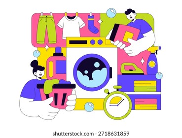 Ilustração vetorial da sala de lavandaria com máquinas de lavar e secar, roupa suja repleta de cesta em um plano de fundo dos desenhos animados