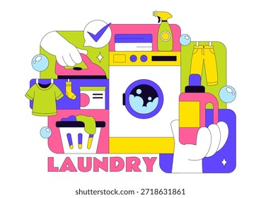Ilustración vectorial de la sala de lavandería con lavadoras y secadoras, cesta llena de ropa sucia en un fondo de dibujos animados de estilo plano