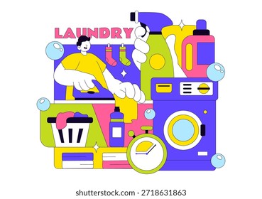 Ilustración vectorial de la sala de lavandería con lavadoras y secadoras, cesta llena de ropa sucia en un fondo de dibujos animados de estilo plano