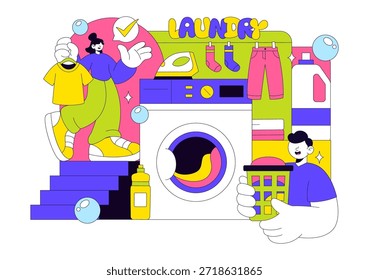 Waschküche, Vektorgrafik mit Wasch- und Trocknungsmaschinen, Korb gefüllt, schmutzige Kleidung auf flachem Cartoon-Hintergrund