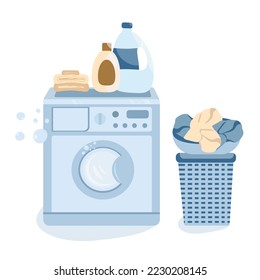 Laundry room vector illustration with washing machine, laundry basket, powders, clean towels, dirty laundry in a basin and bubbles