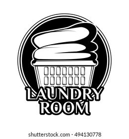 laundry room vintage logo, label, badge with clean clothes in basket.